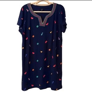 Talbots Navy with Colorful‎ Embroidered Summer Print 100% Cotton Shift Tee Dress